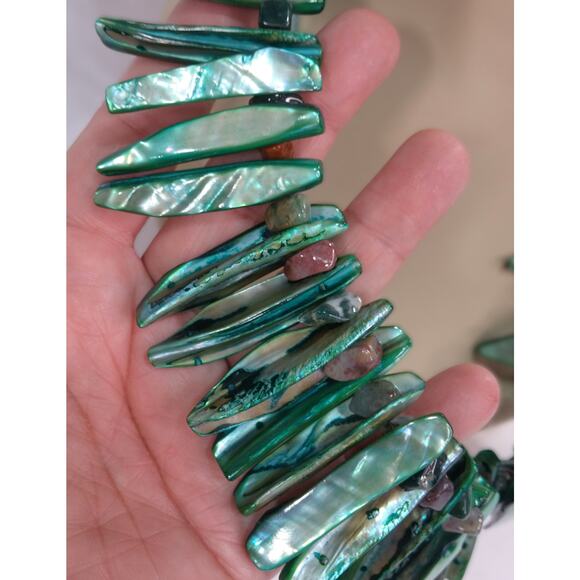 Abalone Shell Necklace Green Paua Artisan Unakite Stones Tribal Spike Statement - Picture 8 of 11